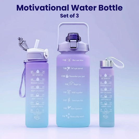 Plastic Motivational Water Bottle Set Of 3 Pcs 2000Ml,900Ml & 300Ml With Time Marker & Straw,Unbreakable Leakproof BPA Free Non-Toxic Sipper Bottle For Office,Sport,Gym,School (Multicolor)