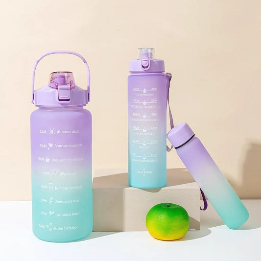 Plastic Motivational Water Bottle Set Of 3 Pcs 2000Ml,900Ml & 300Ml With Time Marker & Straw,Unbreakable Leakproof BPA Free Non-Toxic Sipper Bottle For Office,Sport,Gym,School (Multicolor)