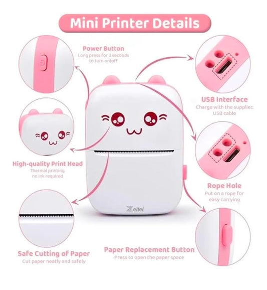 Mini Bluetooth Thermal Printer, Portable Photo/Sketch/Text/Label Printer for Android & iOS System with Long Battery Life (Pink)