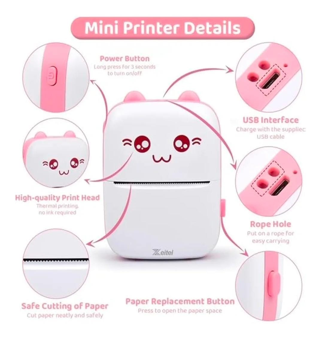 Mini Bluetooth Thermal Printer, Portable Photo/Sketch/Text/Label Printer for Android & iOS System with Long Battery Life (Pink)